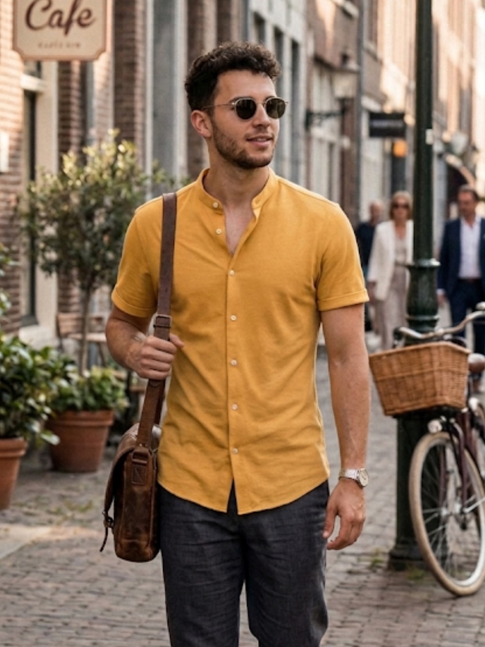 Zara Mustard Yellow Mandarin Collar Shirt – Slim Fit – Size L – 100% Cotton